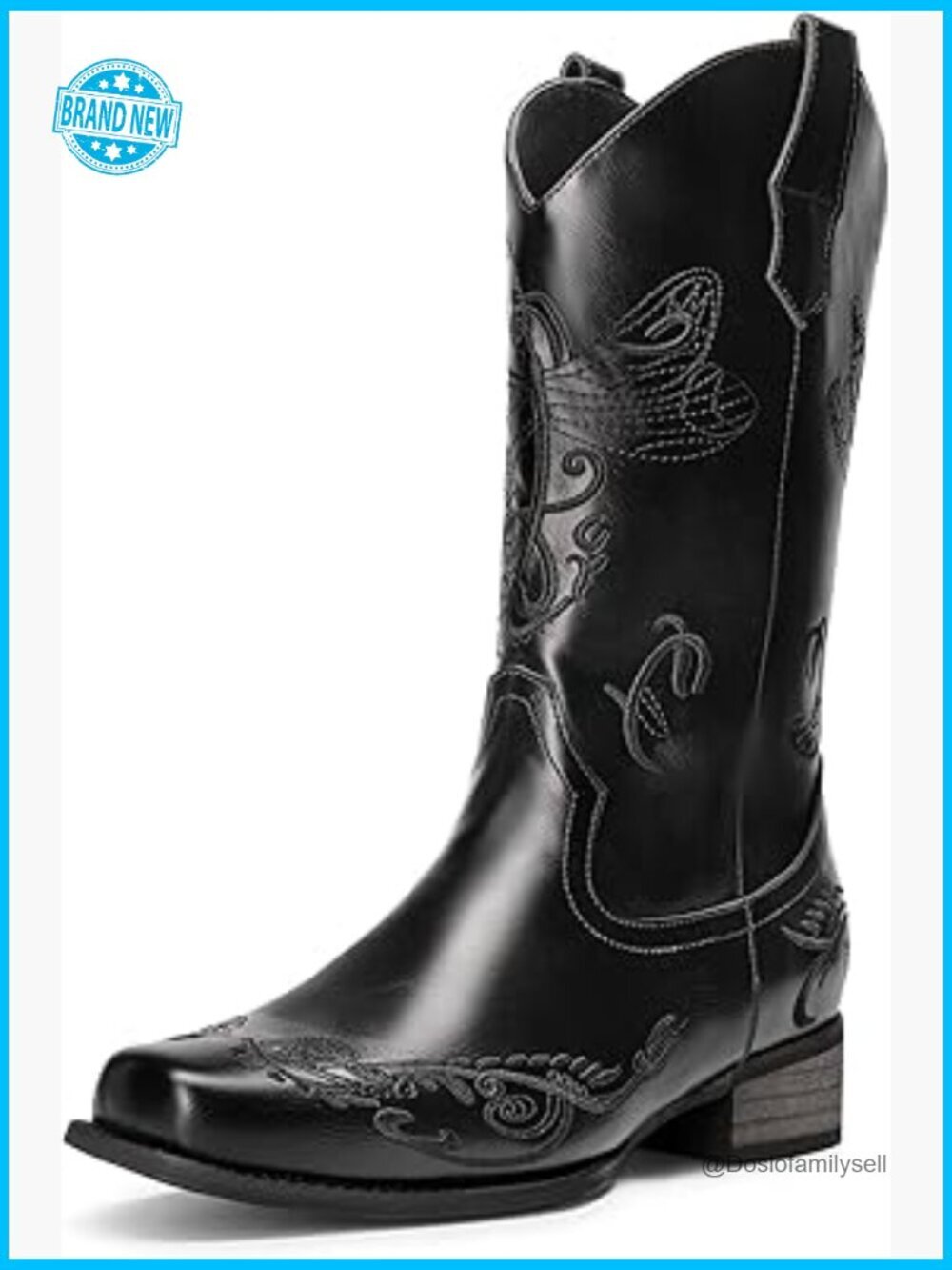 Square Toe Cowboy Boots Low Chunky Heel Mid Calf Western Embroidered Stitched